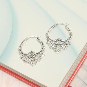 💐LeCalla 925 Sterling Silver Medium-Large Antique Oval Filigree Hoops NEW💐